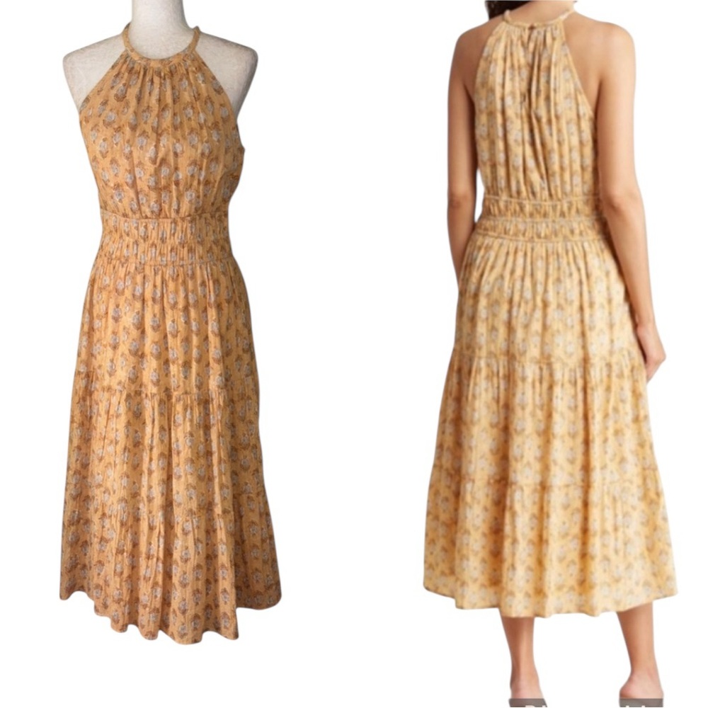 Anthropologie dRA Yellow Metallic Floral Smocked Halter Tiered Midi Dress - XS